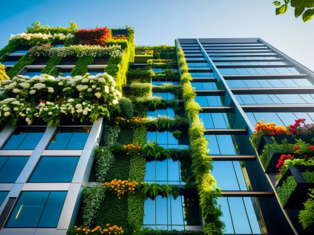 Rascacielos verde: armonía natural en la ciudad Un rascacielos urbano con jardines comunitarios verticales en la ciudad, creando un oasis verde en medio del paisaje urbano moderno