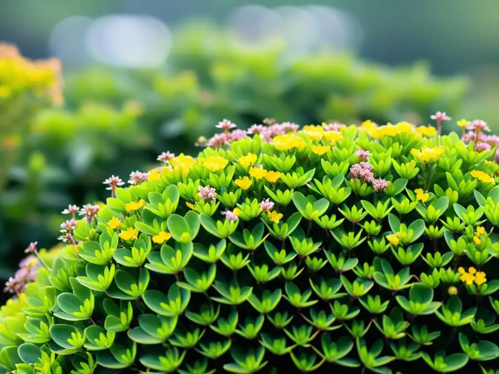 Un refugio ecológico para aves: sedum verde vibrante con flores rosadas y amarillas, iluminado por el sol, con abejas y mariposas