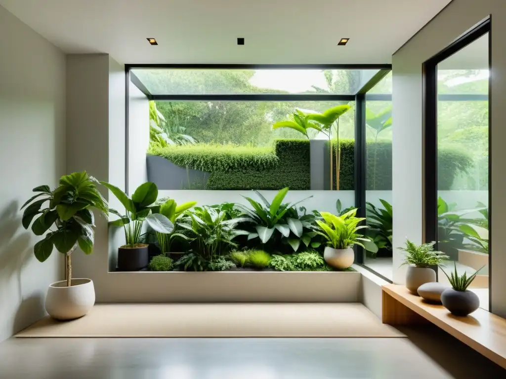 Un refugio sereno con ventana de piso a techo que ofrece vistas a un exuberante jardín interior