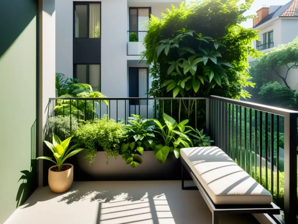 Un refugio verde en un balcón urbano, con plantas colgantes y en macetas