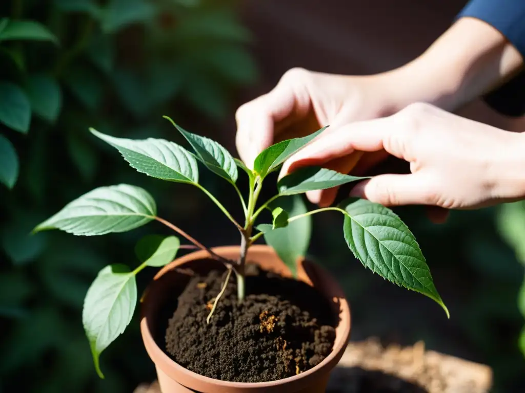 Rejuvenecimiento de plantas de interior: Manos cuidadosas podando hojas secas en un entorno sereno y luminoso