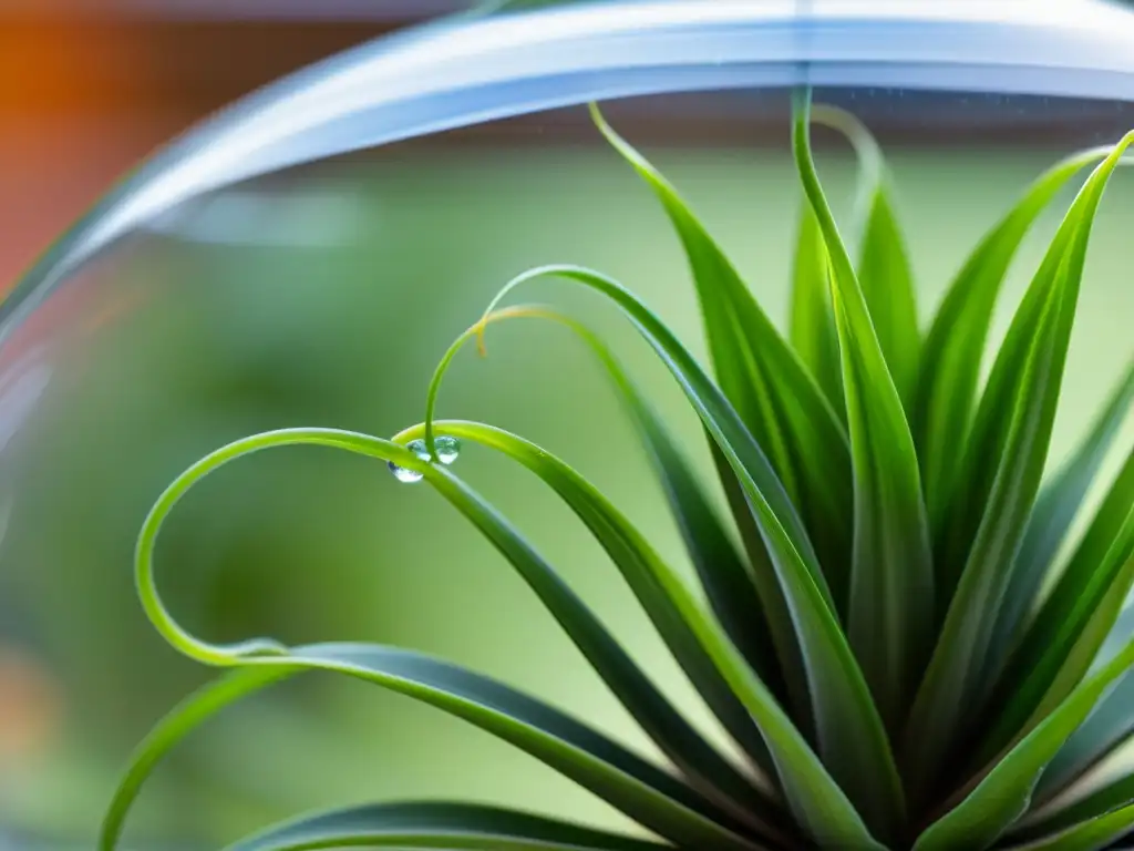 Relación simbiótica: planta aérea verde vibrante en terrario de vidrio, con raíces finas y microorganismos translúcidos