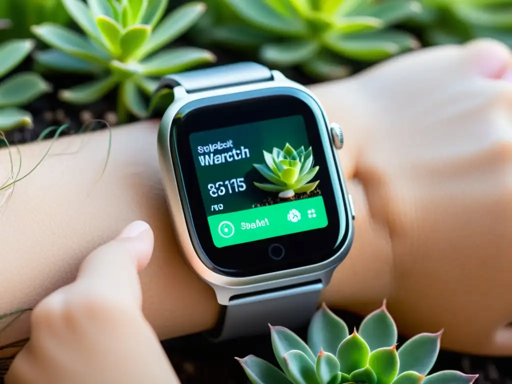 Reloj inteligente plateado con planta suculenta verde creciendo desde la esfera, mostrando tecnología wearable para cuidado plantas interiores