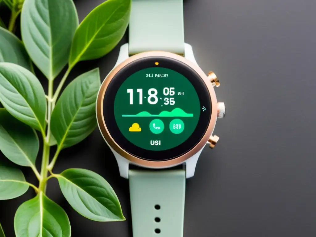 Reluciente smartwatch tecnología wearable para cuidado plantas interiores, mostrando métricas de salud de la planta en pantalla de alta definición