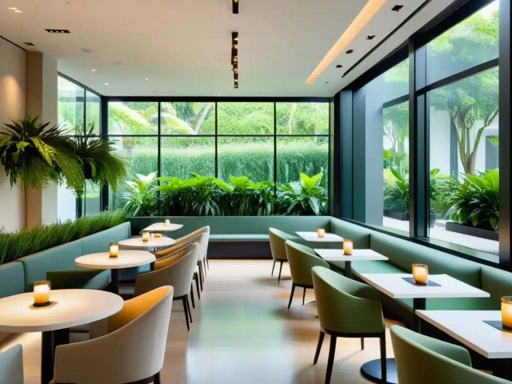 Un restaurante moderno con plantas de interior para diseño, ventanales y jardín verde, emitiendo tranquilidad y belleza natural