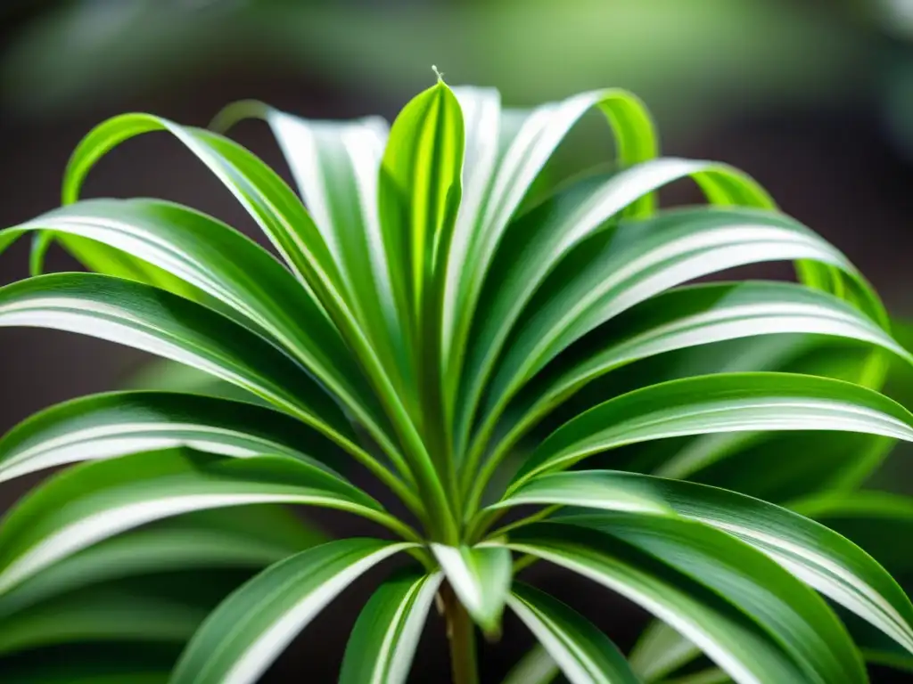 Un retrato detallado y deslumbrante de una planta de araña verde exuberante, con hojas arqueadas y rayas blancas