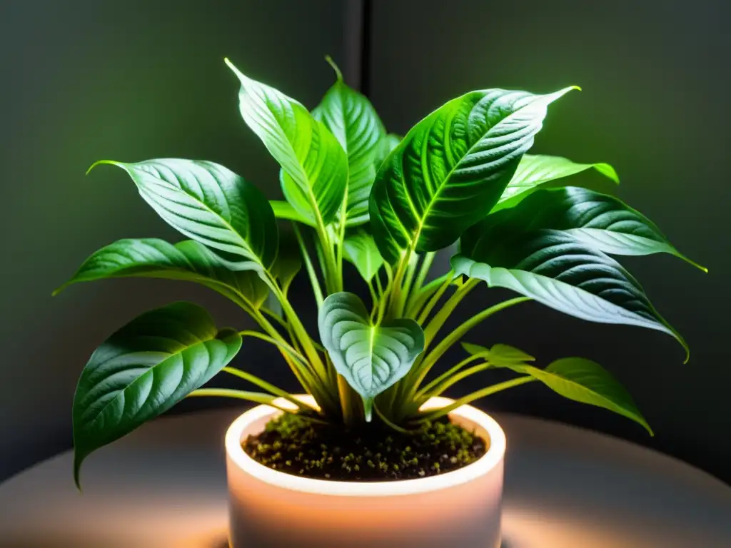 Un retrato detallado de una exuberante planta de interior iluminada por luces LED, resaltando sus verdes hojas y venas delicadas