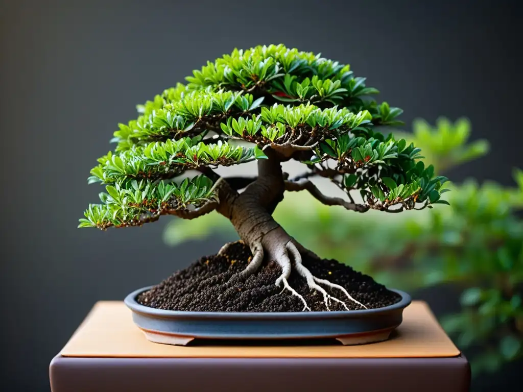 Un retrato detallado de un pequeño árbol bonsái con equilibrio de pH y nutrientes, resaltando la red de raíces y las hojas vibrantes