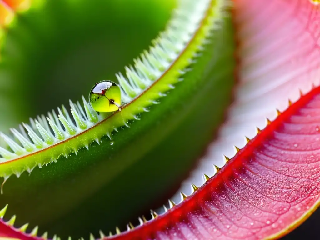 Un retrato detallado de una planta carnívora Venus flytrap, con sus trampas abiertas y un insecto capturado