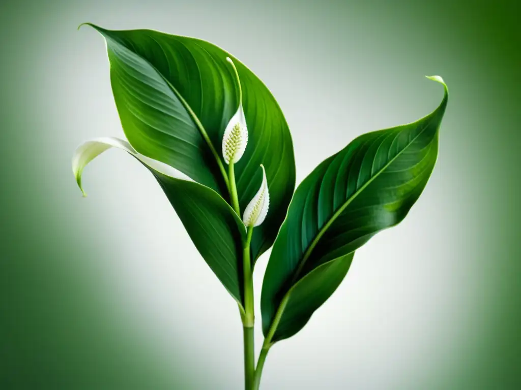 Imagen 8k de lirio de la paz: verde exuberante y detalle asombroso Un retrato en 8k de una exuberante planta de lirio de la paz, con intrincados patrones en sus hojas y delicadas flores blancas, sobre un fondo blanco