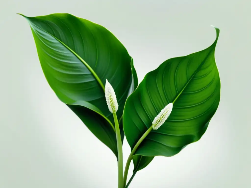 Un retrato sereno de una exuberante planta de lirio de la paz, evocando tranquilidad y la importancia del cuidado de las plantas de interior