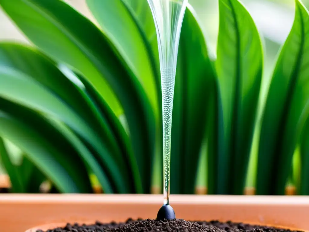 Riego por goteo en plantas de interior: Sistema moderno y elegante riega delicadamente una planta en primer plano