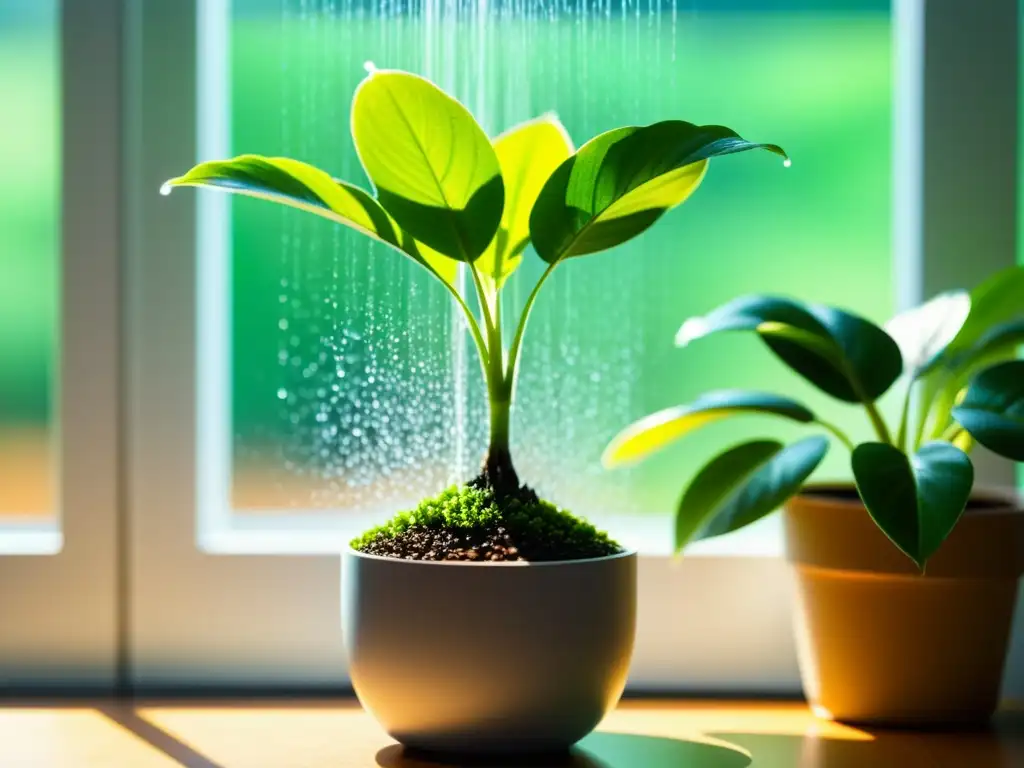 Riego por goteo en plantas de interior: Detalle de planta siendo regada con gotas de agua, iluminada por la luz del sol