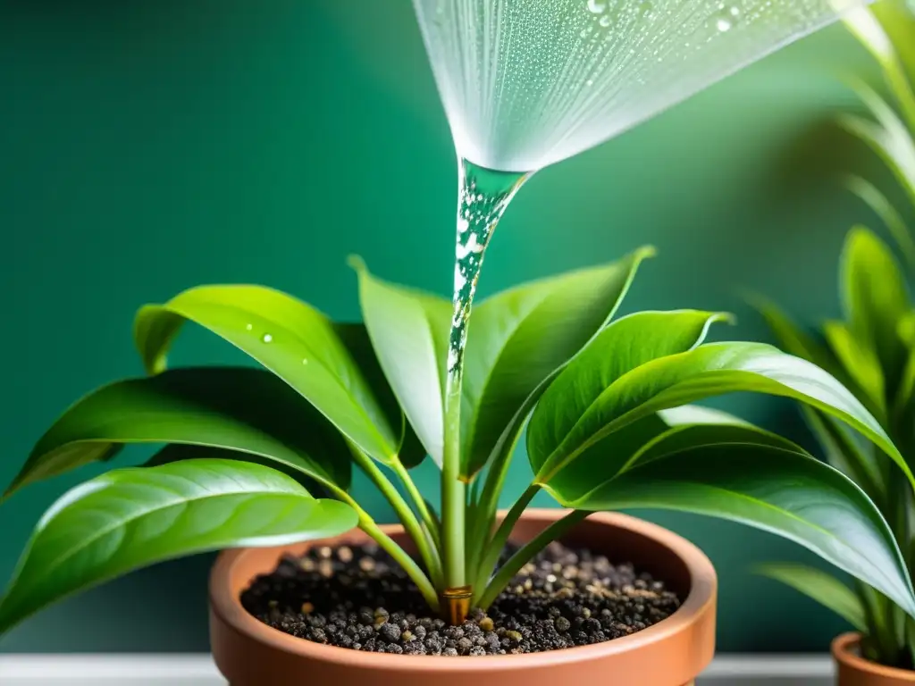 Riego por goteo en plantas de interior: Sistema de riego moderno en maceta, nutriendo delicadamente las hojas verdes con gotas de agua brillantes