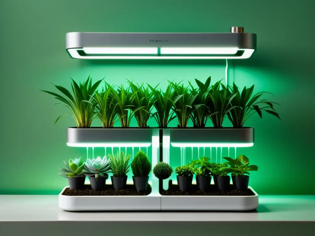 Riego por goteo en plantas de interior: Jardín moderno con tecnología avanzada y diseño minimalista, en tonos calmados y líneas limpias