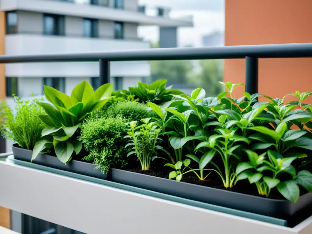 Jardín de balcón con riego inteligente en acción Riego inteligente para jardines de balcón: eficiencia y sofisticación en un espacio urbano moderno con plantas vibrantes y sistemas de riego precisos
