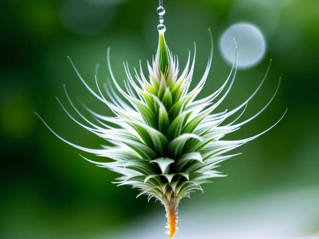 'Riego por nebulización para plantas aéreas: Detalle de tillandsia con gotas de agua, resaltando su belleza y necesidad de hidratación óptima