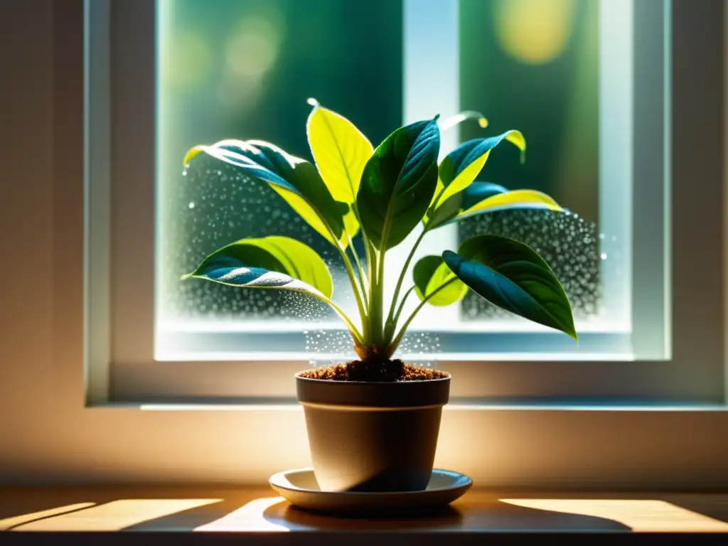 Riego de plantas de interior según estaciones: Cuidado amoroso de una pequeña planta bajo la luz suave de una ventana soleada