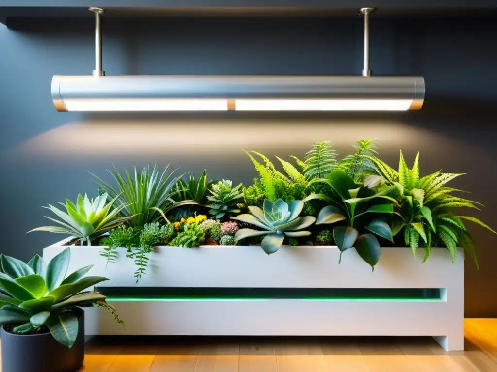 Automatización riego plantas interior: Jardín interior exuberante y vibrante con sistema de riego minimalista, plantas en macetas geométricas