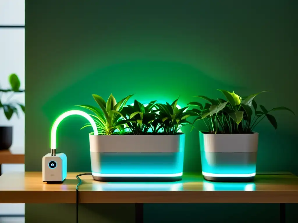 Automatización riego plantas interior: Sistema elegante y futurista riega plantas en un entorno moderno con estilo y sofisticación