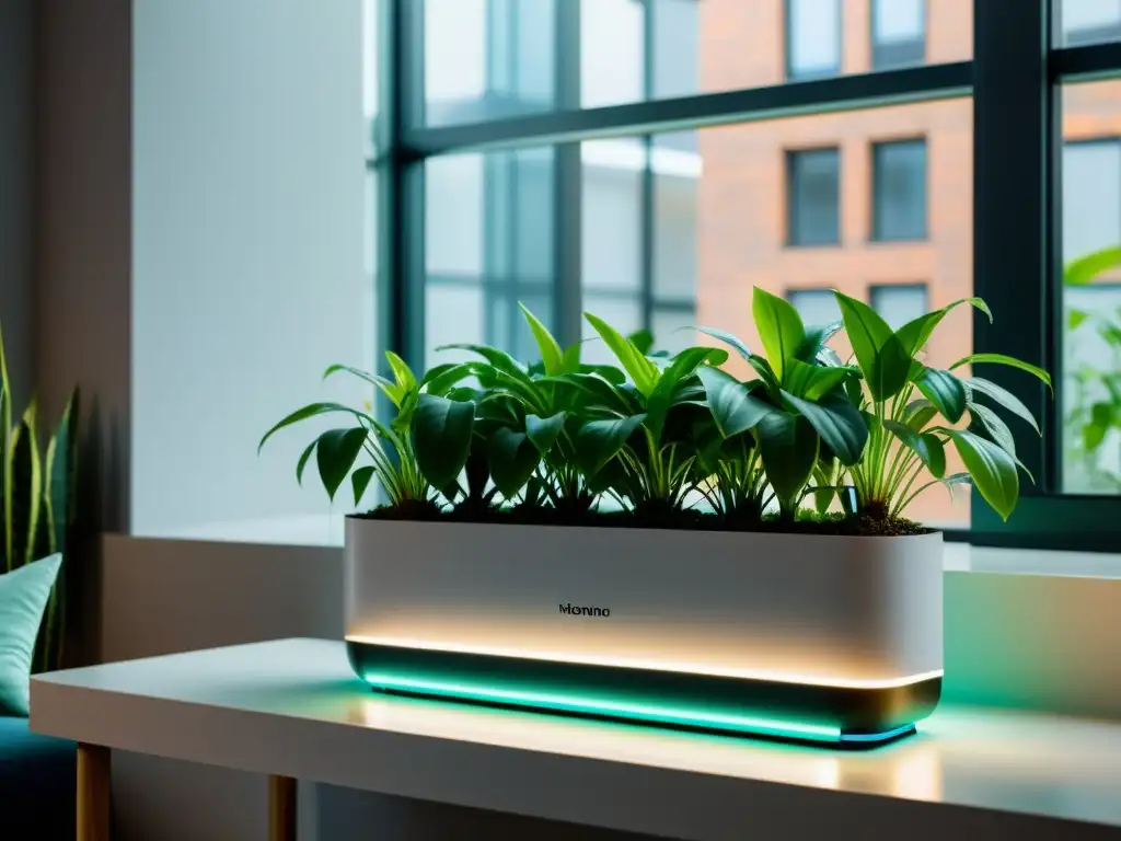 Automatización riego plantas de interior: Sistema automático de riego integrado en un elegante apartamento urbano, iluminado por luz natural, con plantas exuberantes