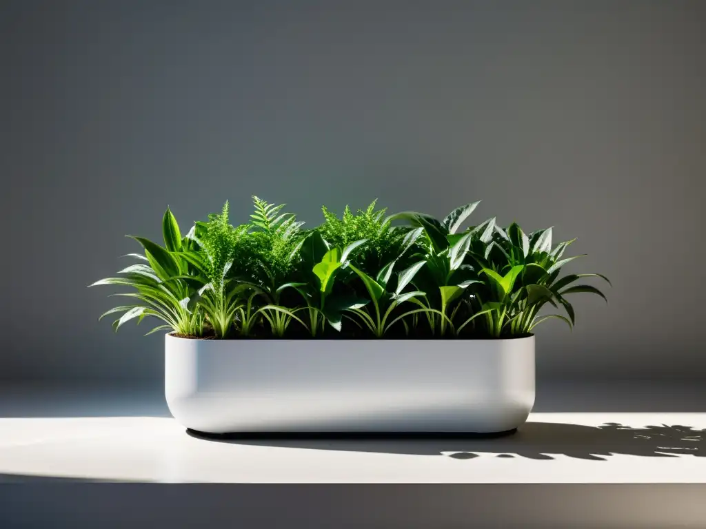 Riego subterráneo para plantas de interior: Moderno sistema de riego oculto en maceta minimalista junto a exuberante vegetación verde