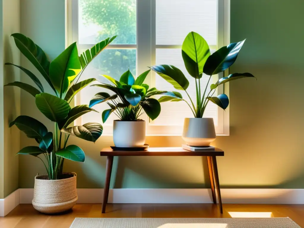 Un rincón acogedor lleno de plantas interiores exuberantes bañadas por la cálida luz del sol, proyectando sombras suaves en las paredes neutrales