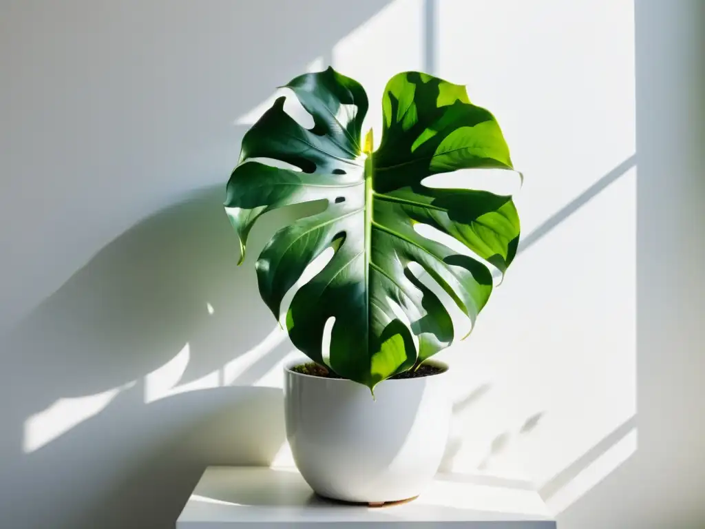 Un rincón sereno y minimalista con una exuberante planta de monstera en maceta blanca, bañado por la suave luz del sol