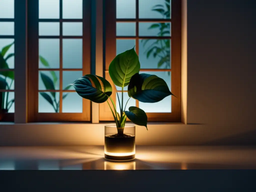 Un rincón sereno en penumbra con una planta de interior iluminada por la luz de la luna