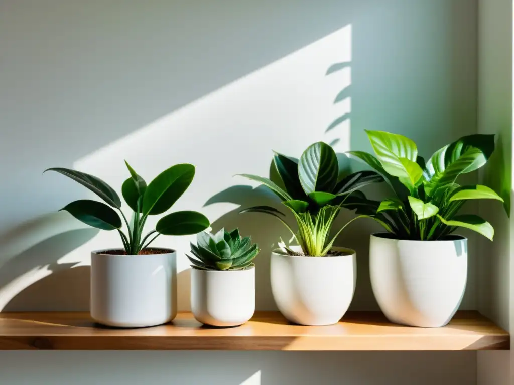 Un rincón sereno con plantas de interior para salud mental, en macetas blancas sobre estantes de madera, bañado por luz natural