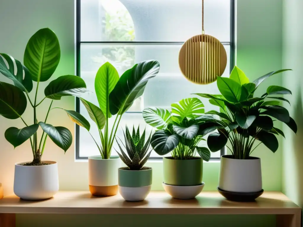 Un rincón sereno con plantas de interior para salud mental, en diferentes tamaños y formas, bañado por la suave luz natural