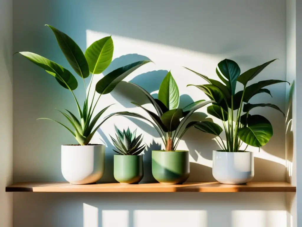 Espacio sereno y armonioso lleno de plantas verdes Un rincón sereno y soleado lleno de plantas de interior verdes y exuberantes, con beneficios antidepresivos naturales