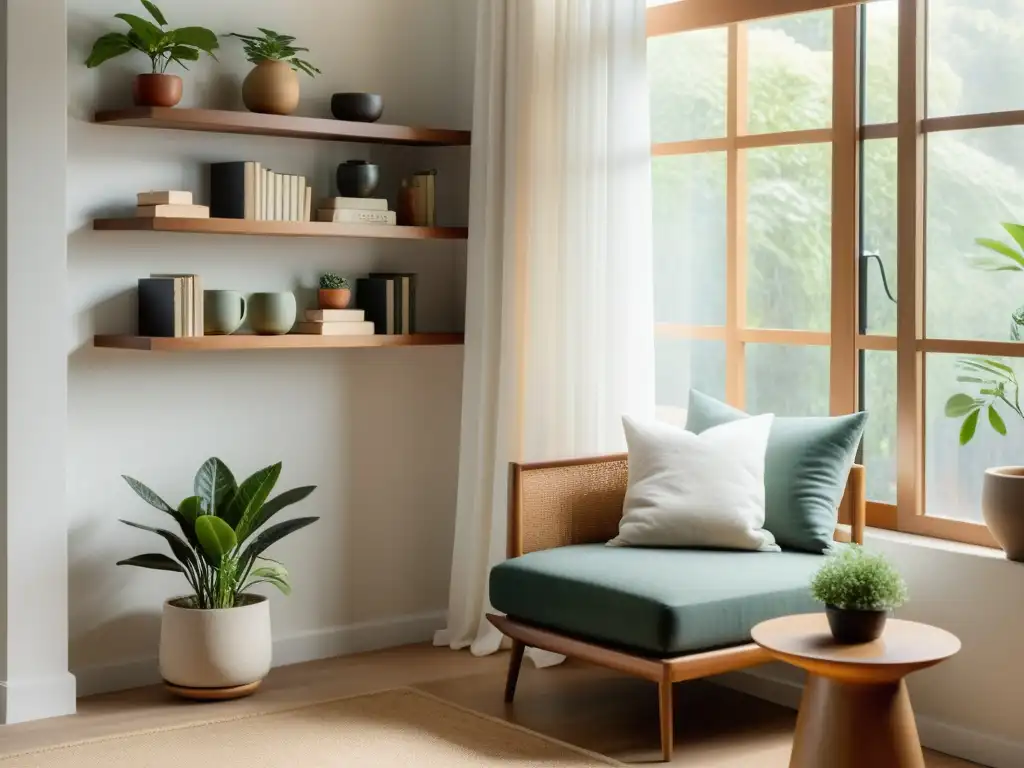 Crear rincones biofílicos en casa: rincón acogedor y minimalista con luz natural, plantas, libros y taza de té en una confortable butaca