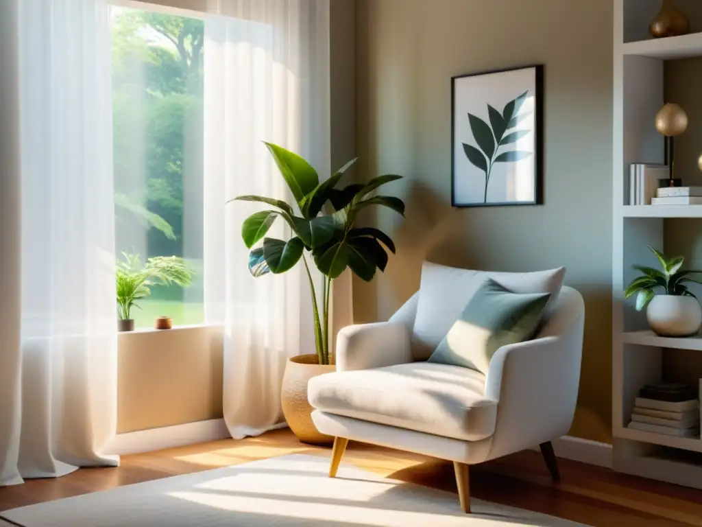 Crear rincones biofílicos en casa: rincón de lectura acogedor con luz natural, sillón, mesa, planta y vista al jardín, ideal para relajarse