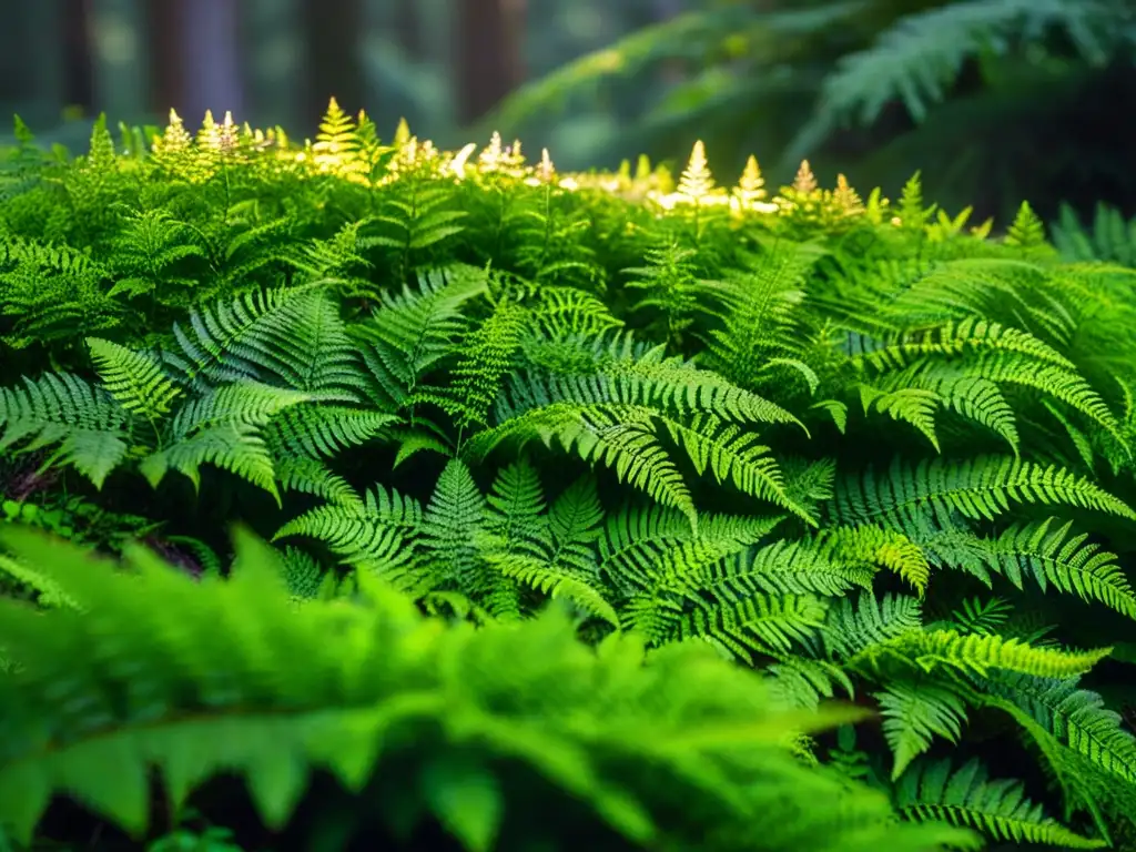 Crear rincones biofílicos en casa: Detalle de roca cubierta de musgo en un bosque frondoso con helechos y flores silvestres, bañado por la luz del sol