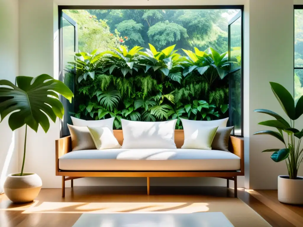 Crear rincones biofílicos en casa: Sala minimalista con vistas a jardín verde, luz natural y ambiente sereno con detalles naturales