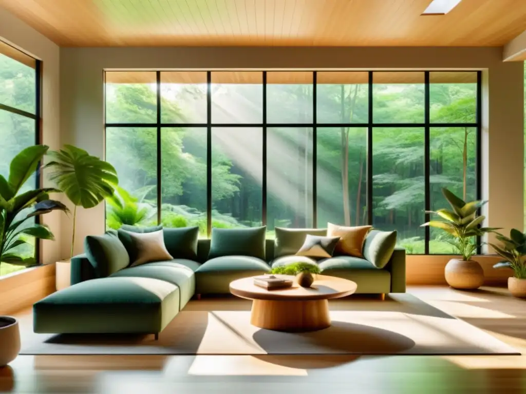 Crear rincones biofílicos en casa: Sala de estar minimalista con muebles de madera, tonos terrosos y vista a un bosque verde y exuberante