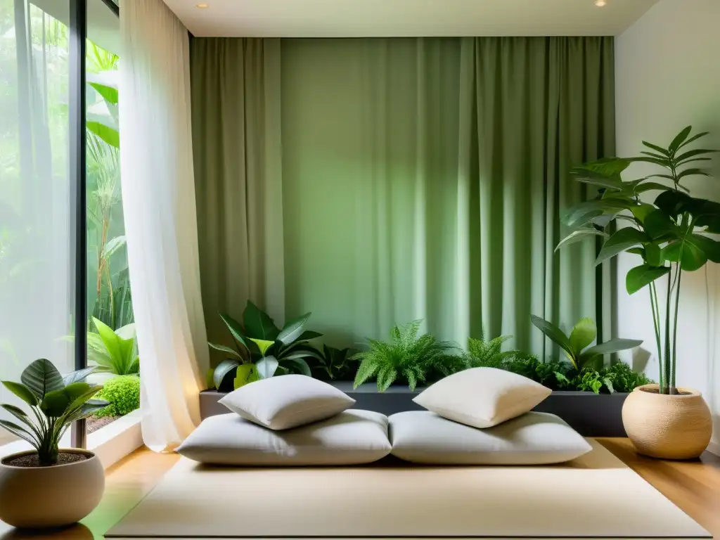 Rincones de meditación con plantas: un oasis sereno y minimalista con plantas verdes en armonía y luz suave