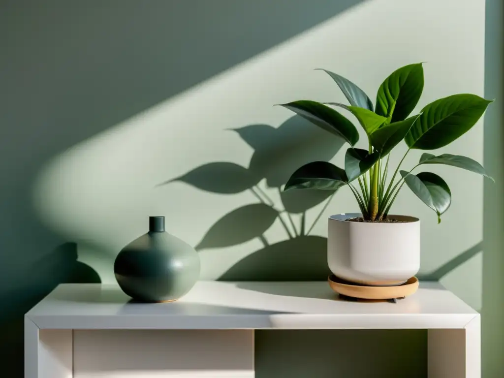 Rincones de meditación con plantas: Sereno rincón de meditación con planta verde en maceta elegante, iluminado por luz suave