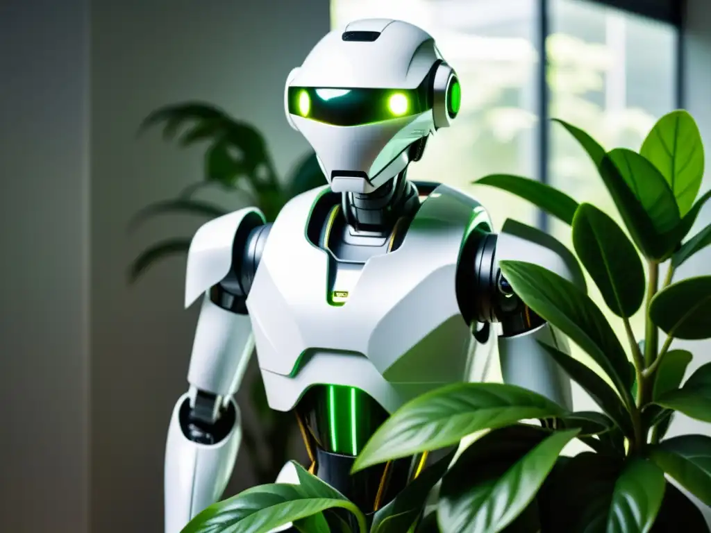 Un robot blanco y elegante podando delicadamente una planta verde en un ambiente minimalista y lleno de contraste