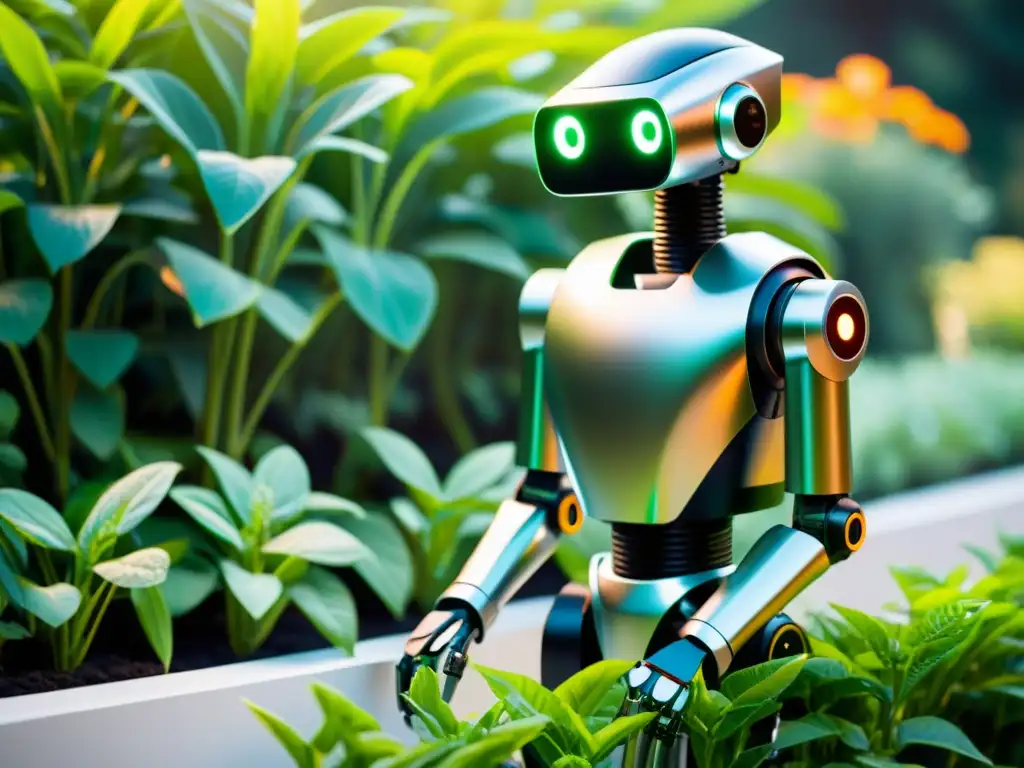 Un robot elegante cuida plantas en un jardín soleado, fusionando tecnología y naturaleza