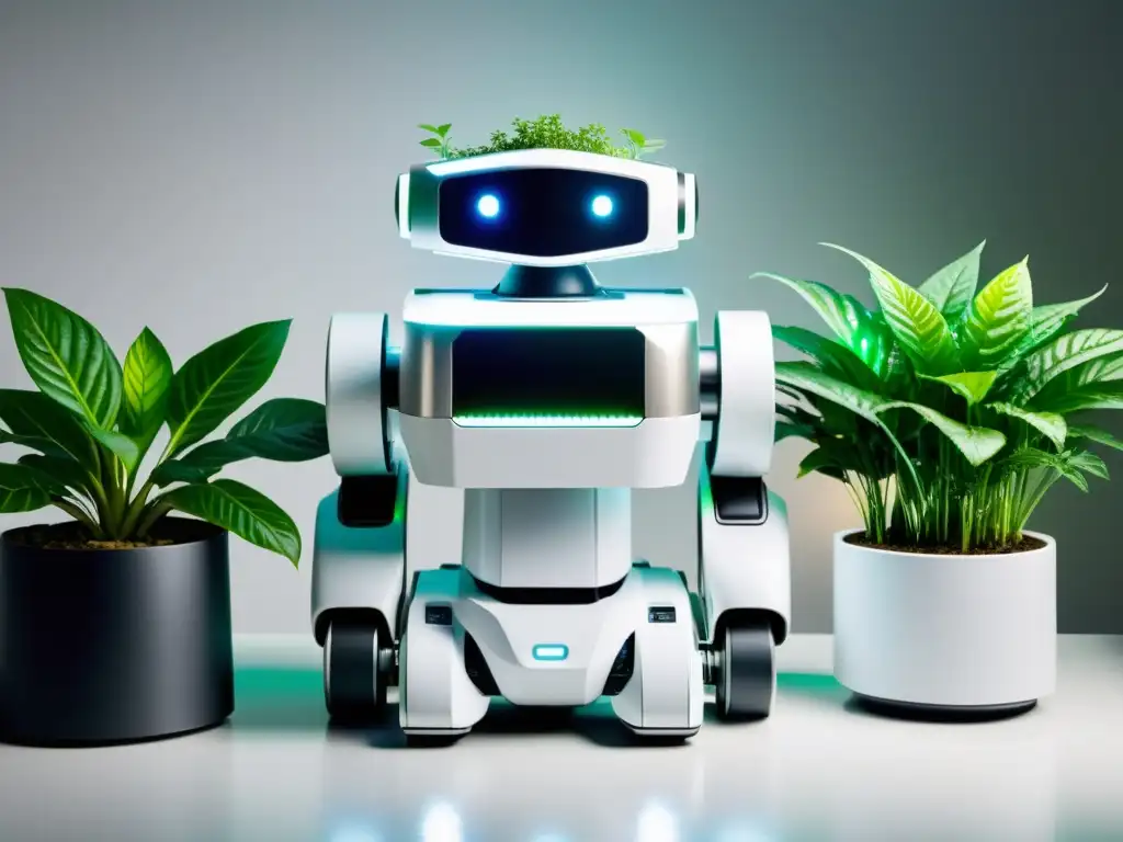 Robot para jardinería de interiores con diseño minimalista, luces LED y plantas exuberantes en un ambiente armonioso y futurista