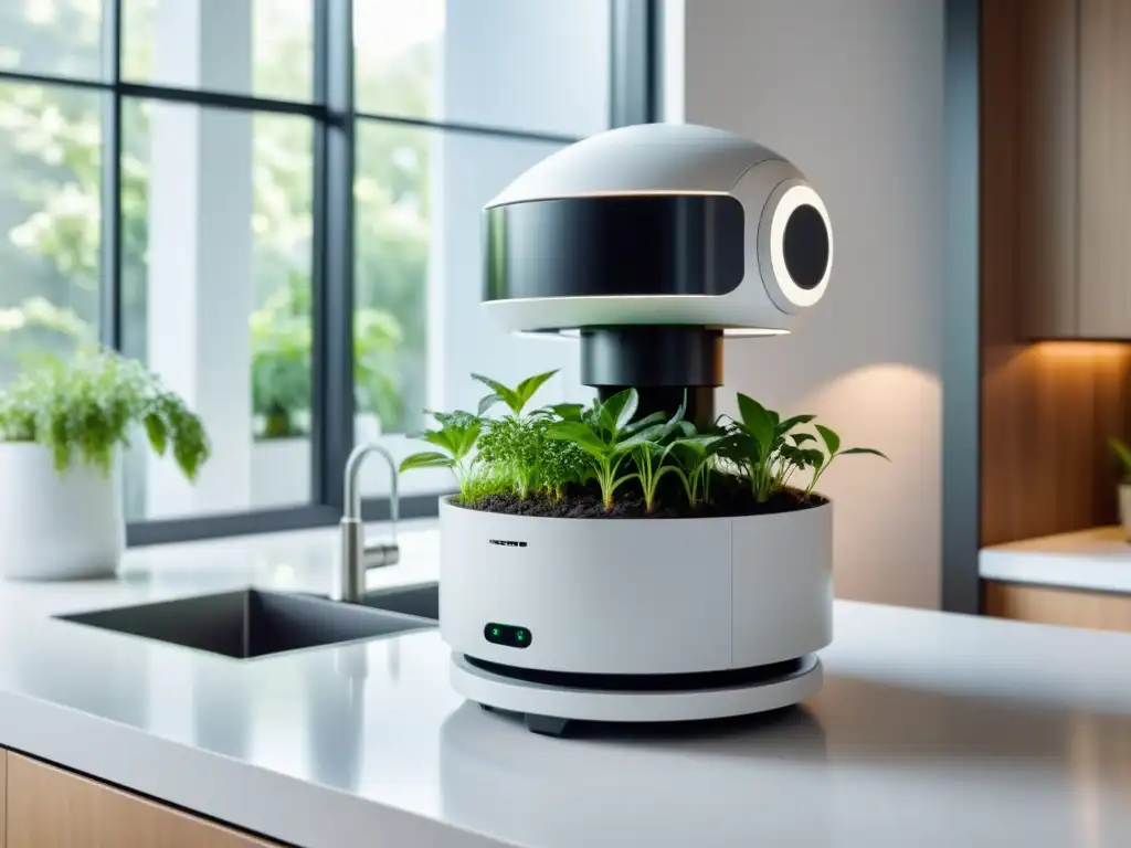 Robot para jardinería de interiores con diseño minimalista, plantas verdes elegantes, y luz natural en cocina moderna