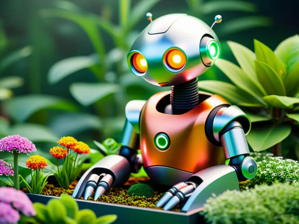 Un robot jardinero futurista cuida con cariño un exuberante jardín