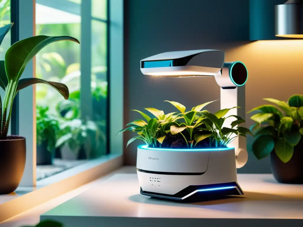 Un robot jardinero futurista cuida plantas en un moderno hogar, integrando tecnología y naturaleza