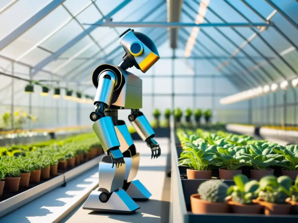 Un robot jardinero moderno cuida plantas en un invernadero soleado, reflejando eficiencia y cuidado