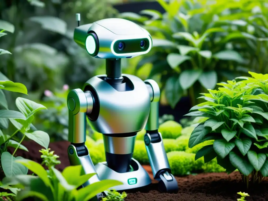 Un robot jardinero moderno cuida plantas en un exuberante jardín, mezclándose armoniosamente con la naturaleza