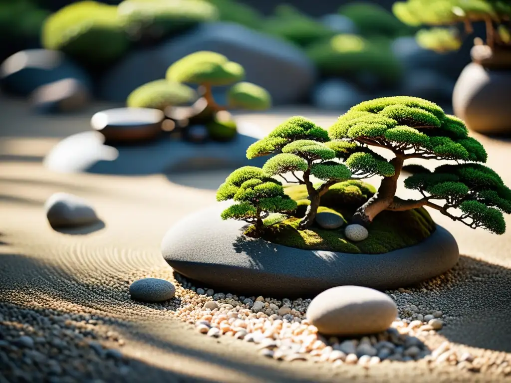 Un jardín de rocas japonés sereno con bonsáis asiáticos cuidadosamente arreglados, grava rastrillada y piedras cubiertas de musgo