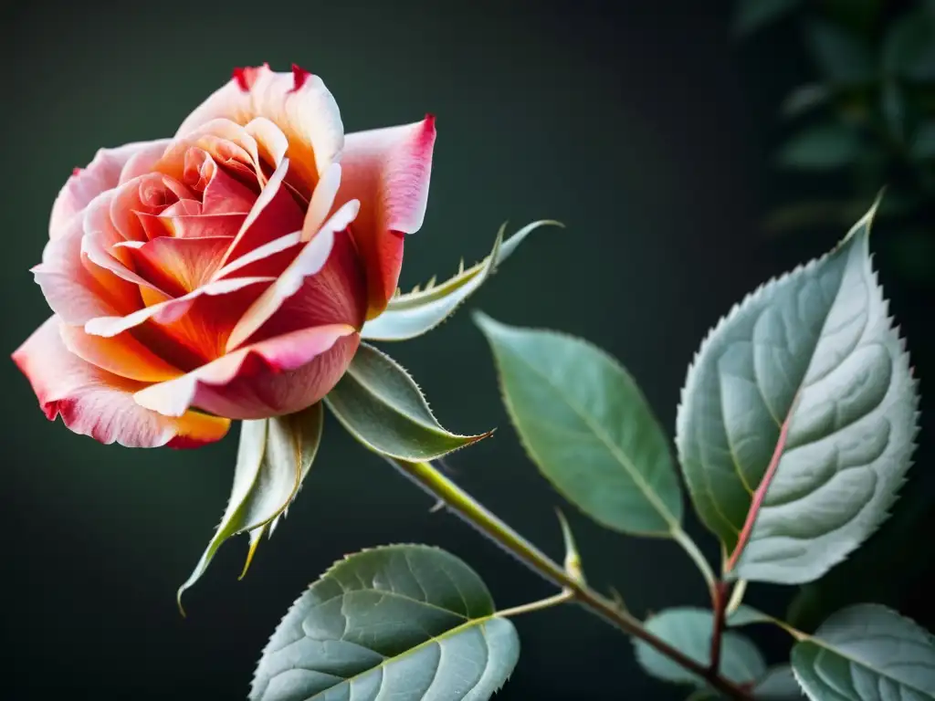 Una rosa roja en plena floración, con cada pétalo y espina claramente visibles