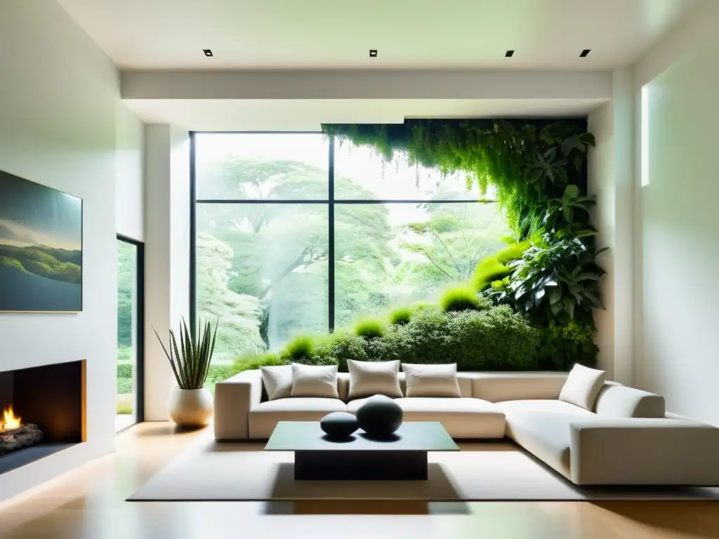 Una sala minimalista con una escultura de plantas contemporáneas, fusionando naturaleza y arte en un espacio moderno y tranquilo